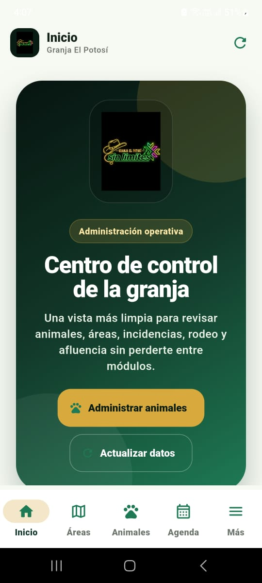 Pantalla de inicio de la app administrativa